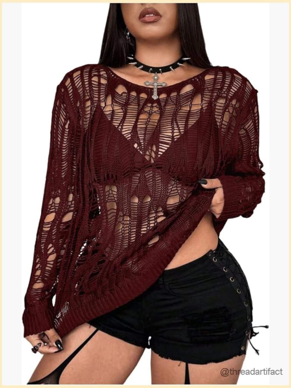 Y2K Cut Out Long Sleeve Punk Sweater See Through Knitwear Grunge Top Size 2XL